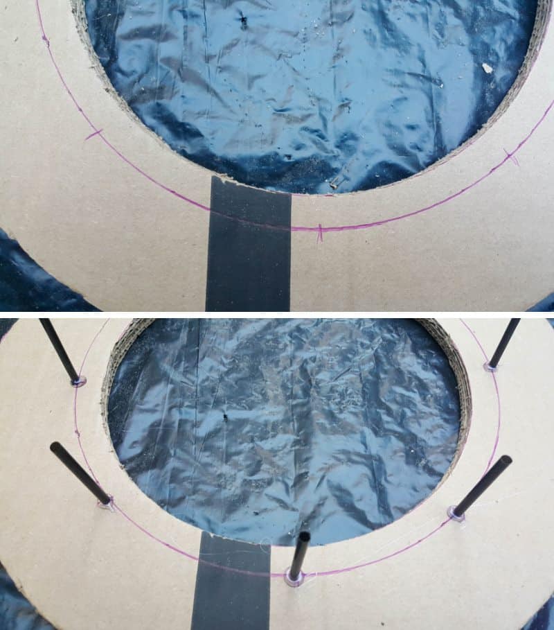 Glue the cut straws to one of the cardboard rings