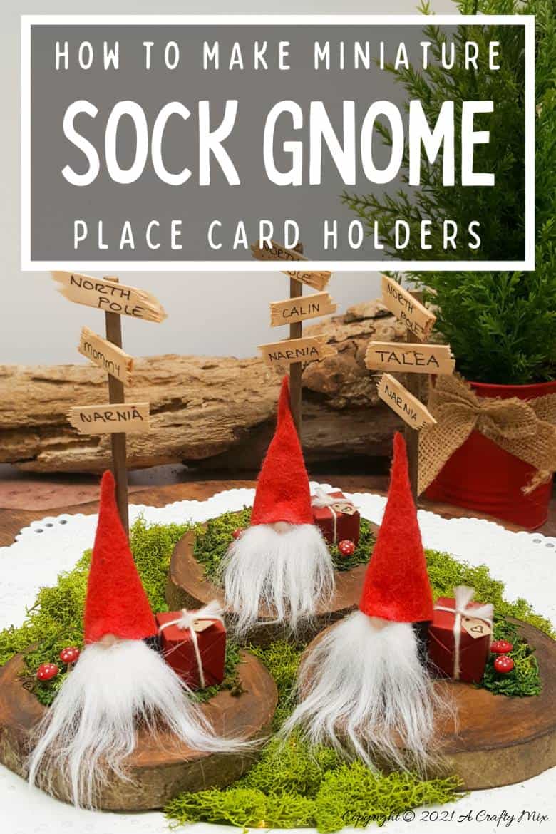 Easy 10-minute no-sew miniature sock gnome that anyone can make! Use these adorable little guys to make Christmas place card holders that your guests can take home as gifts afterwards. #sockgnome #ACraftyMix #giftideas