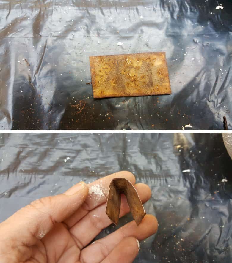 Cut a piece of rusty metal and bend it in half to form the beak