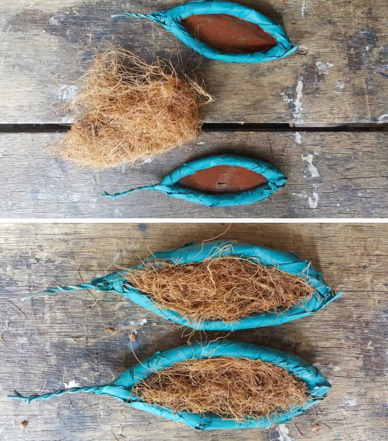 Glue moss to the outside of the ears and coconut fiber to the inside