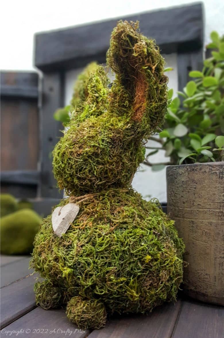 Looking for a budget-friendly craft idea to welcome Spring? We&rsquo;ll show you just how easy it is to make this adorable newspaper moss bunny, with ears that bend. She can be made in a morning and the bunny is perfect for Easter or to add a touch of whimsical greenery to your home d&eacute;cor. #MossBunny #ACraftyMix #EasterDecor