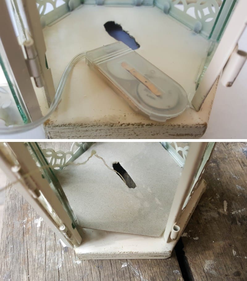 Make a hole in the bottom of the lantern for the battery pack