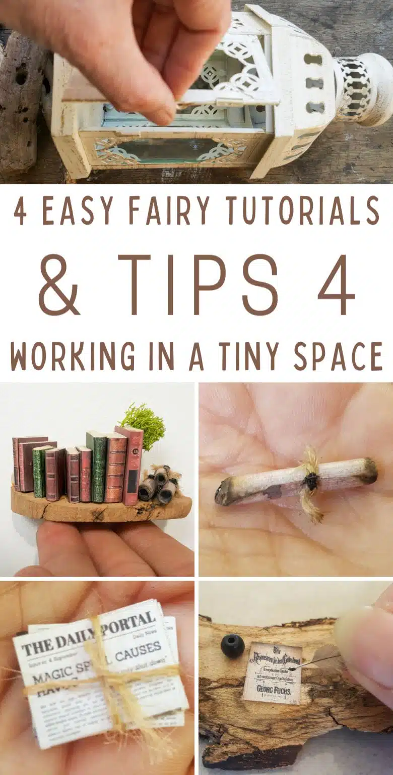 Magical fairy tips for working in a small space and making a pixie den in a lantern. The tutorial includes how to make tiny scrolls, newspaper bundles, ink pot and quill and a miniature stained-glass light the works. #FairyCrafts #ACraftyMix #Miniature