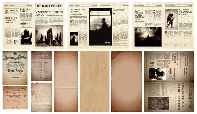 The free printable contains handwritten letters, newspapers and scrolls