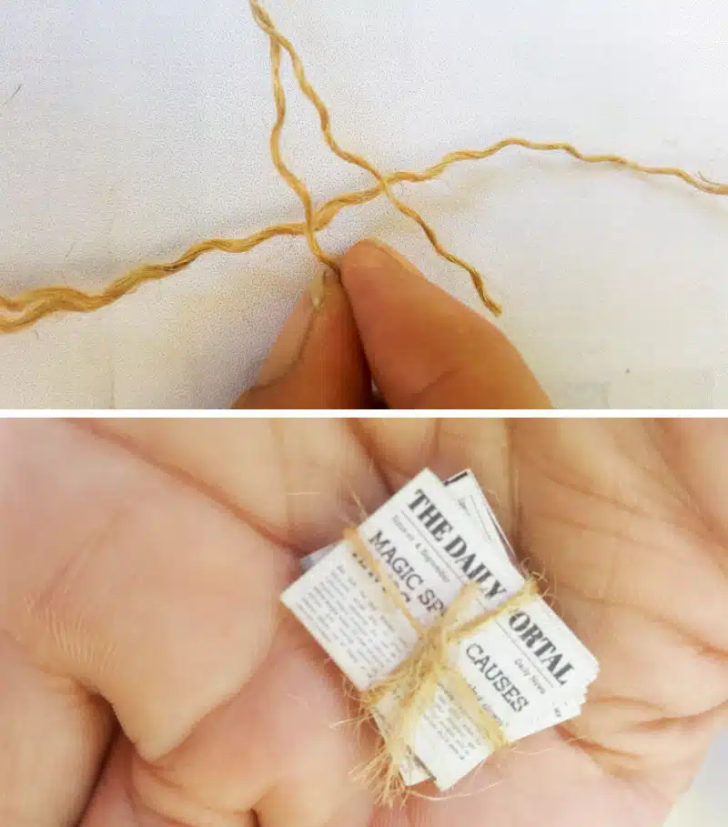 Separate the strands and tie around the newspaper bundle