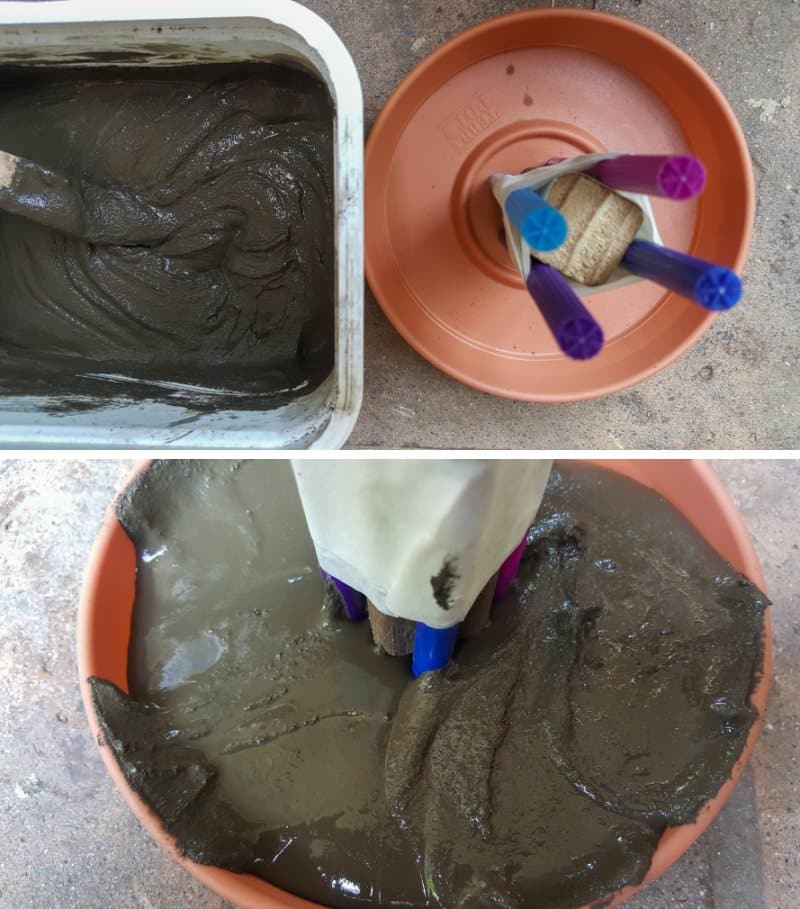 Carefully pour the concrete mixture inside the drip tray