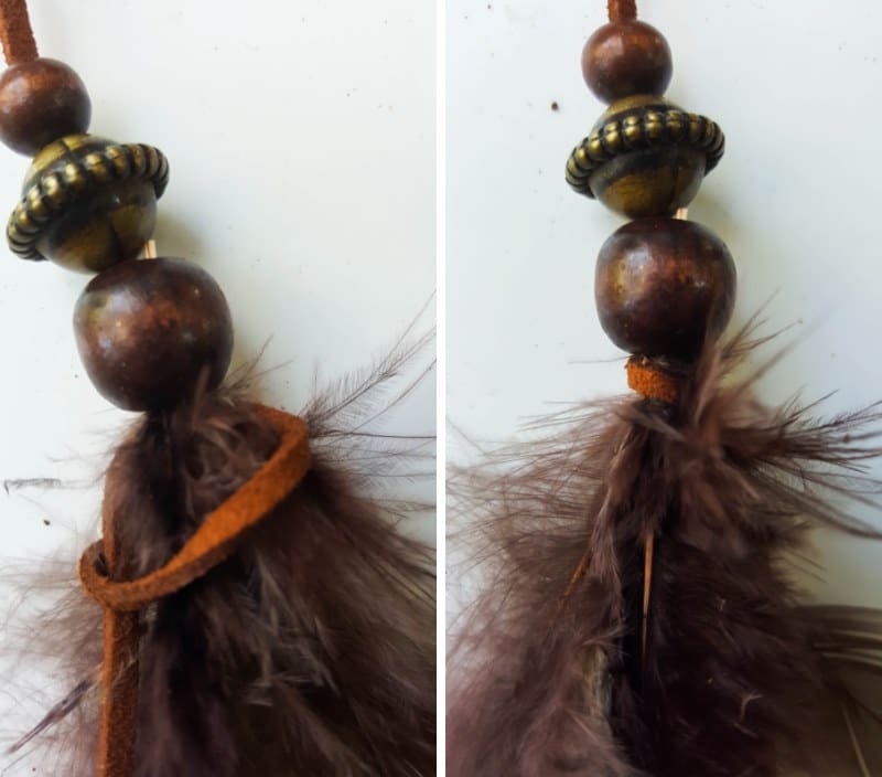 Slip the feather inside the bead and tie a knot to secure