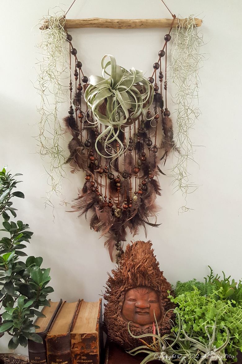 Do you enjoy making planters that serve a dual purpose? We sure do. I've been nurturing a rather large air plant for a while and wanted to make something that would put her center stage and add a little boho magic to our decor. And I think I may have done just that with this leather Tillandsia planter. Get the full tutorial here. #diyairplanter #AcraftyMix #livingwalldecor