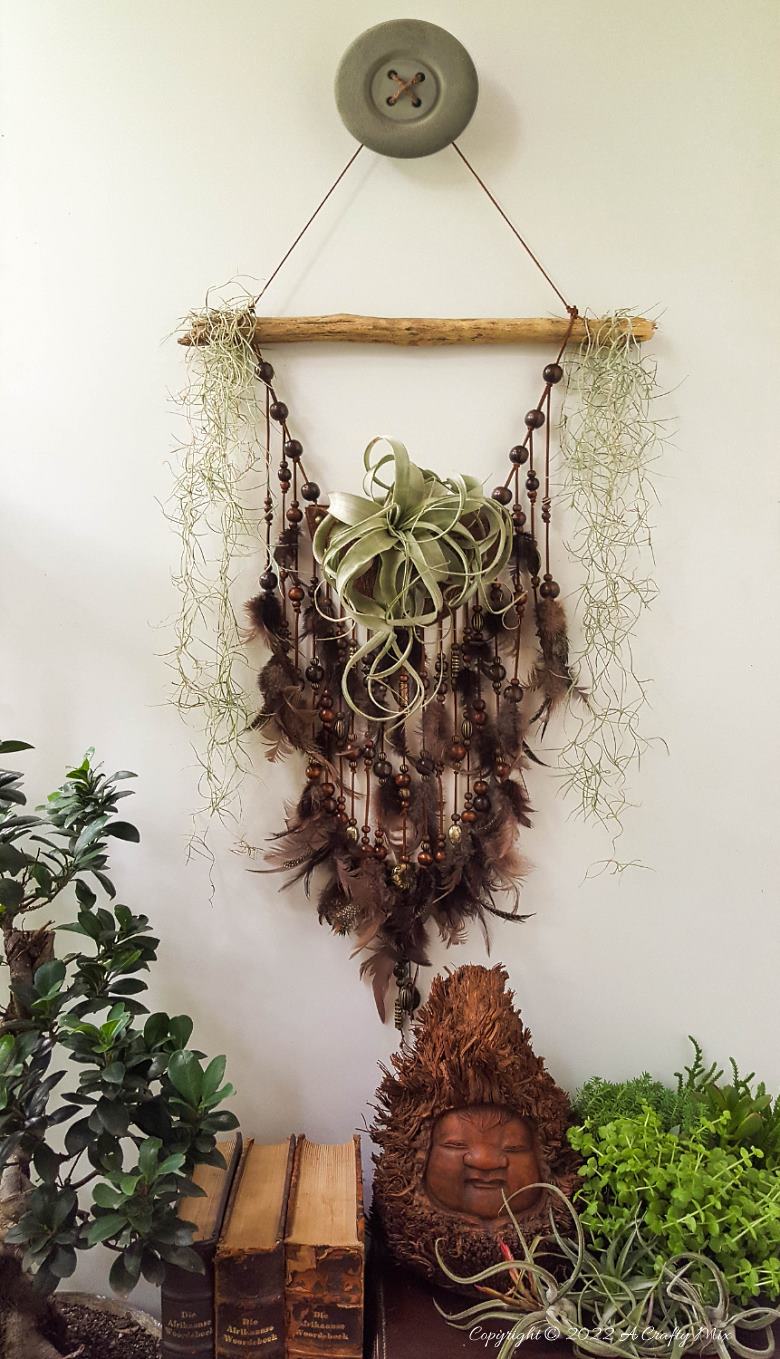Do you enjoy making planters that serve a dual purpose? We sure do. I've been nurturing a rather large air plant for a while and wanted to make something that would put her center stage and add a little boho magic to our decor. And I think I may have done just that with this leather Tillandsia planter. Get the full tutorial here. #diyairplanter #AcraftyMix #livingwalldecor