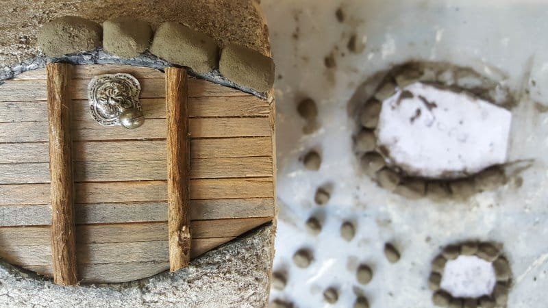 Glue the concrete blob stones around the door and windows