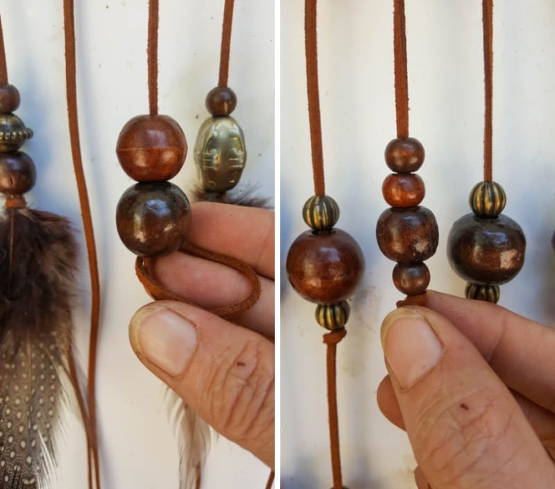 Position the beads on the leather cord and knot in place