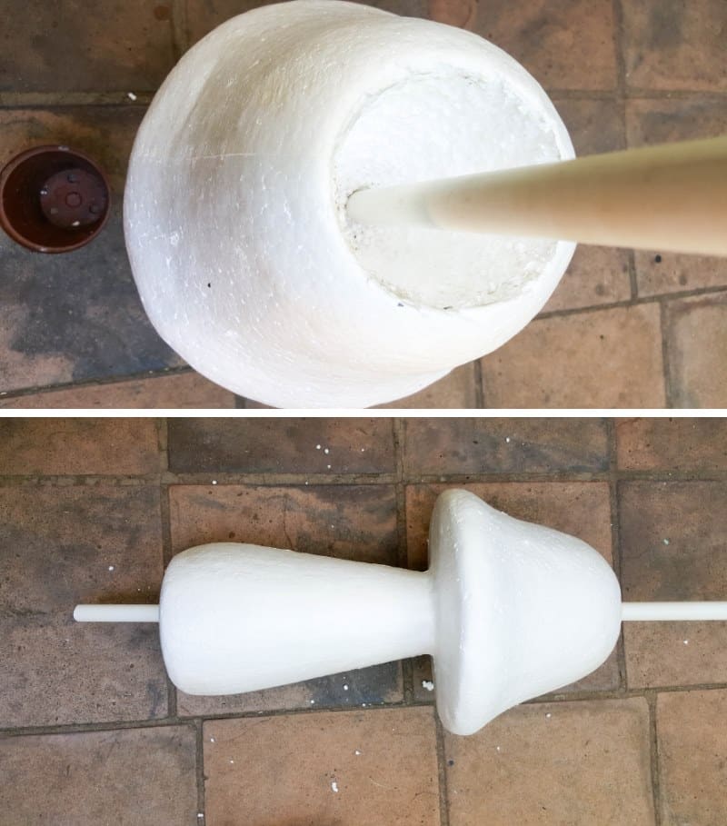 Make a drainage hole down the center of the mushroom stalk and insert the pvc pipe