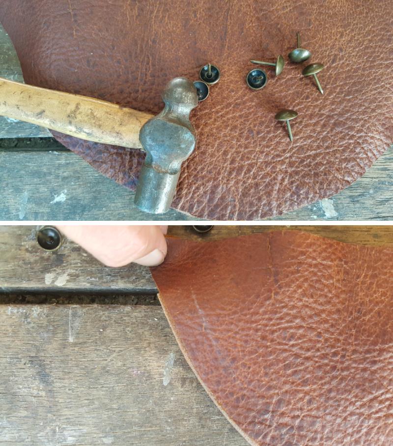 Hammer in thumbtacks to attach the leather to the backing board