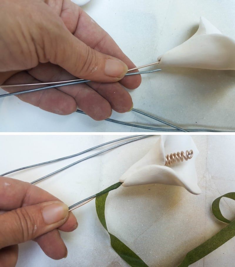 Insert the wire spadix and wrap the galvanized wire and jewelry wire together with florist tape