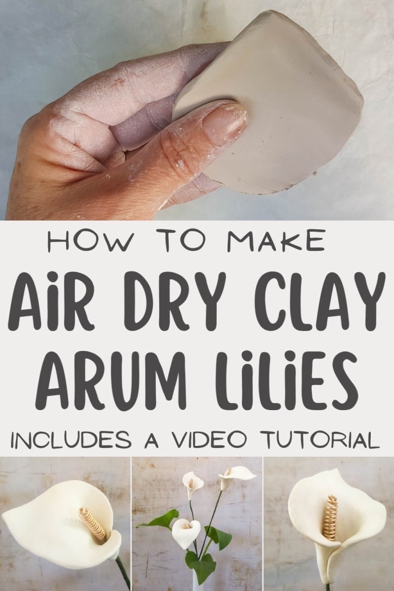 Quick and easy to make, these clay arum lilies with a curly wire spadix are striking on their own or grouped together in a bouquet. Detailed tutorial on the blog with of step-by-step photos and video. #acraftymix #arum #calla