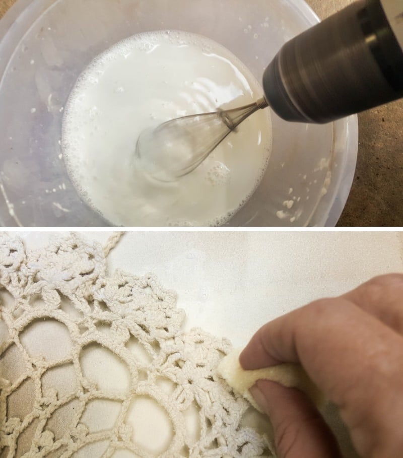 Mixing up a batch of Fabric stiffener and sponging it onto the doily