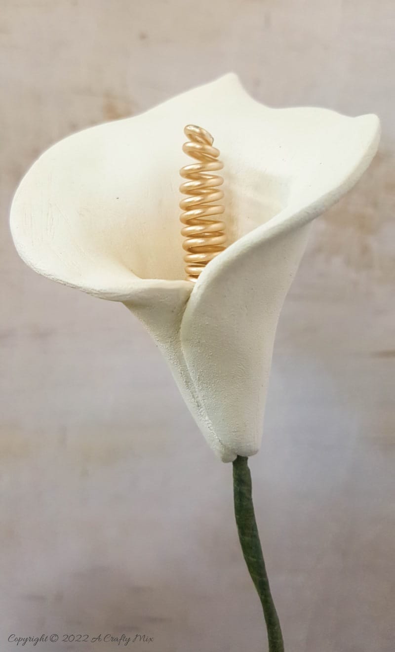 Quick and easy to make, these air dry clay arum lilies with a curly wire spadix are striking on their own or grouped together in a bouquet. Detailed tutorial on the blog with of step-by-step photos and video. #acraftymix #arum #calla