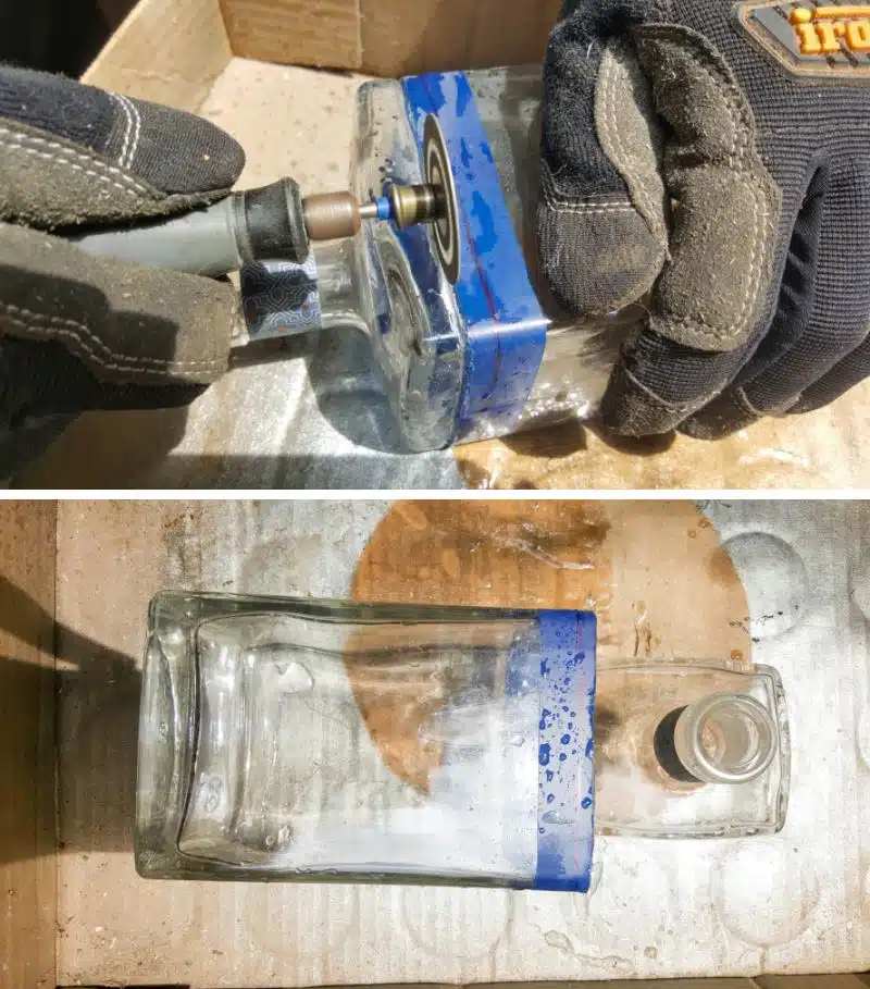 Use a multi-tool and diamond blade to cut the top of the bottle off