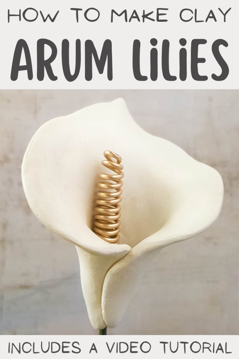 Quick and easy to make, these clay arum lilies with a curly wire spadix are striking on their own or grouped together in a bouquet. Detailed tutorial on the blog with of step-by-step photos and video. #acraftymix #arum #calla