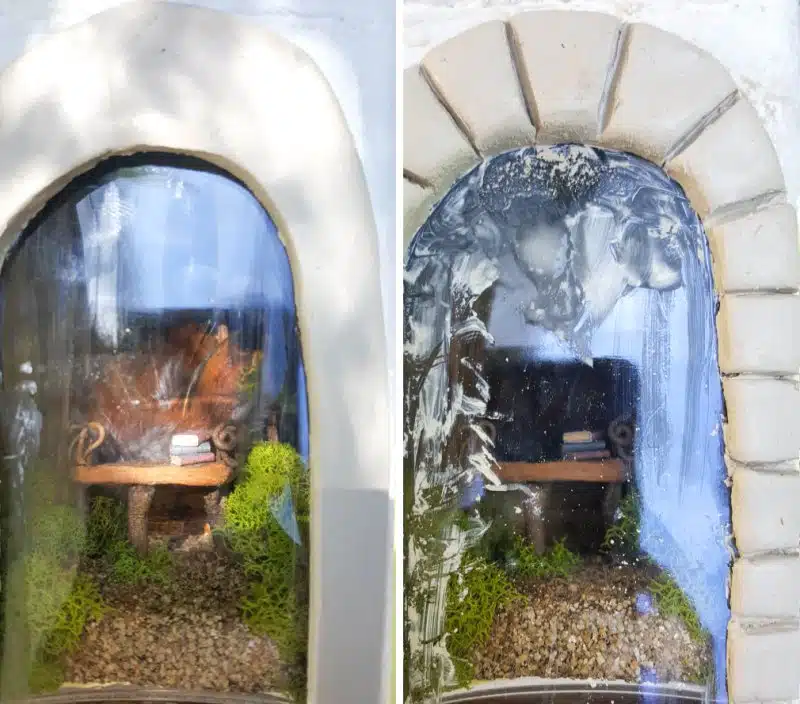 Use clay to make a stone arch on the altered bottle