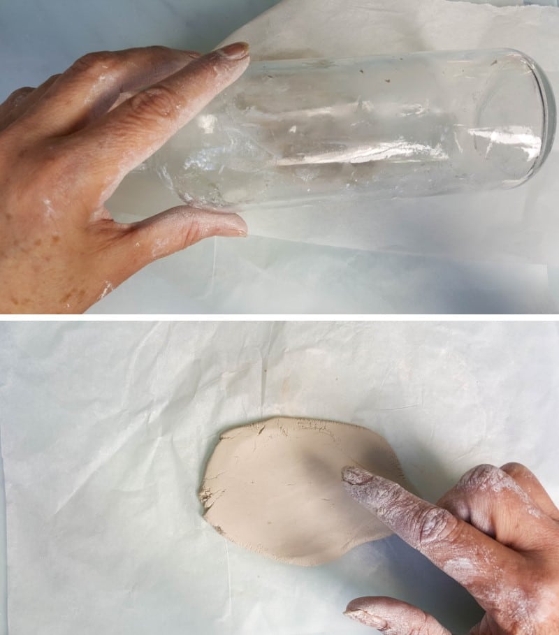 Use a glass bottle or rolling pin to roll the clay flat