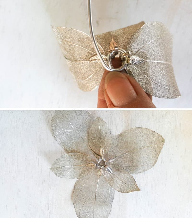 String the silver skeleton leaves onto a piece of jewelry wire and make a loop