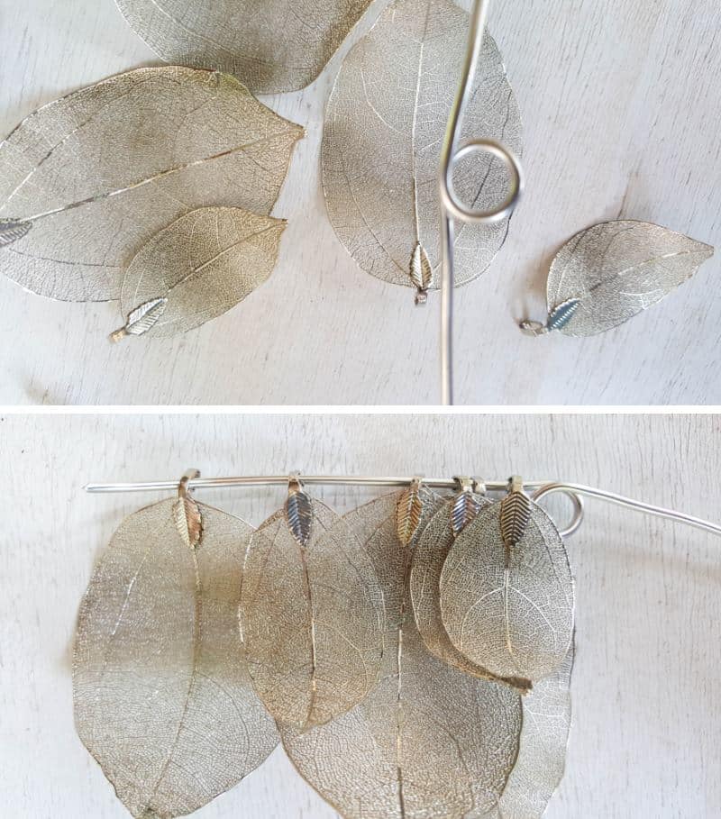 String the silver skeleton leaves onto a piece of jewelry wire