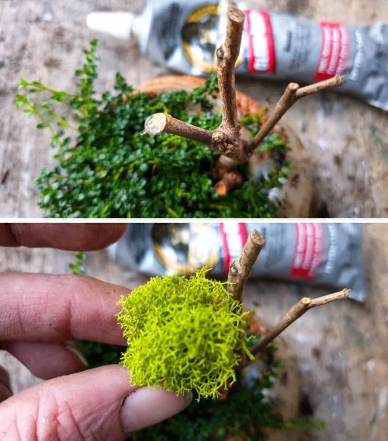 Put a dollop of glue on the twig and add the moss