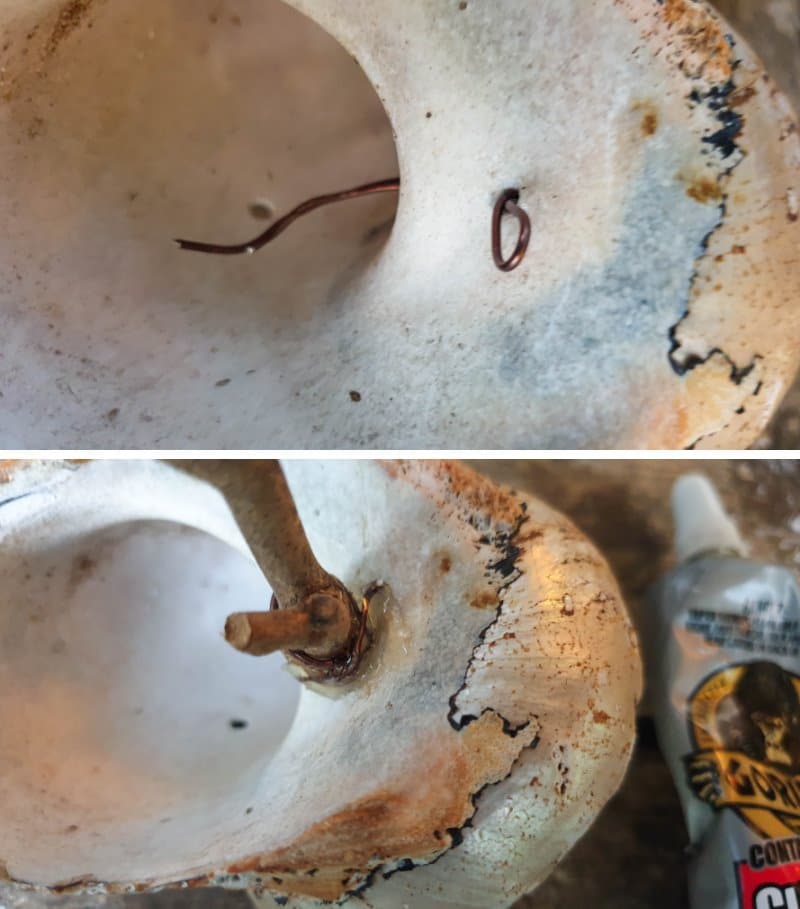 Use waterproof glue to attach the twig to the shell