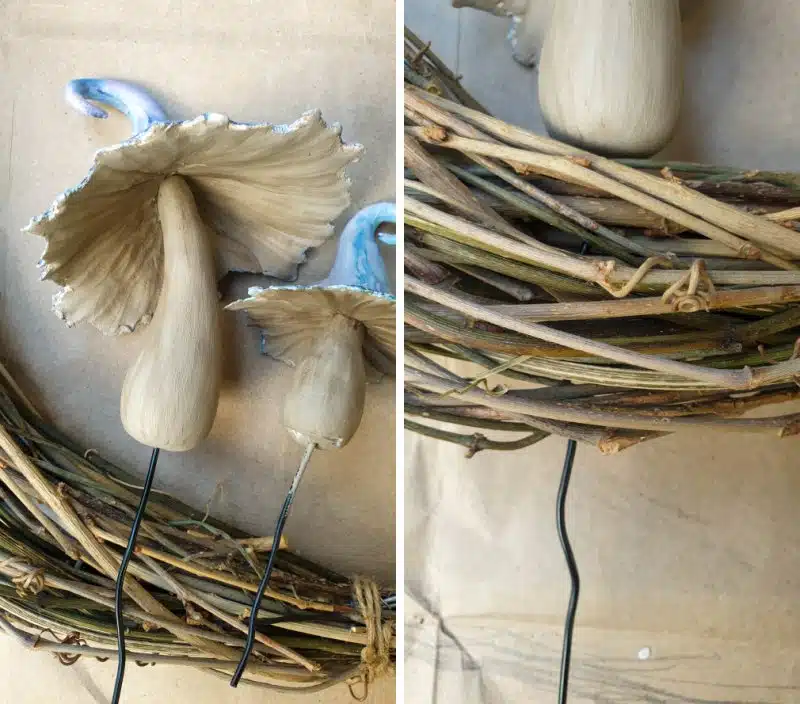 Insert the wired mushroom in the wreath and twist to secure