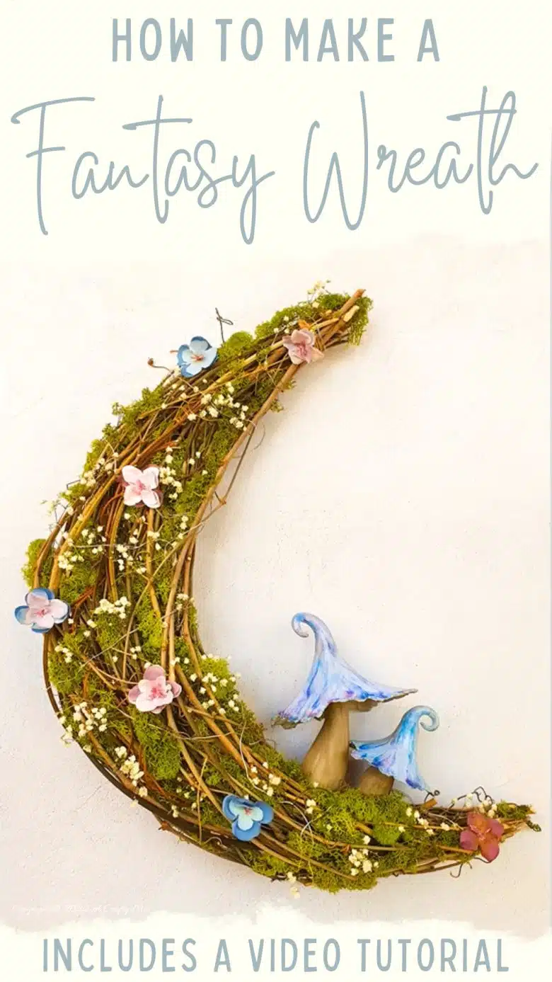 This easy to follow guide will show you how to make a gorgeous crescent moon wreath from scratch. It includes a step-by-step video tutorial to make fantasy-inspired curly top mushrooms. #ACraftyMix #FantasyWreath