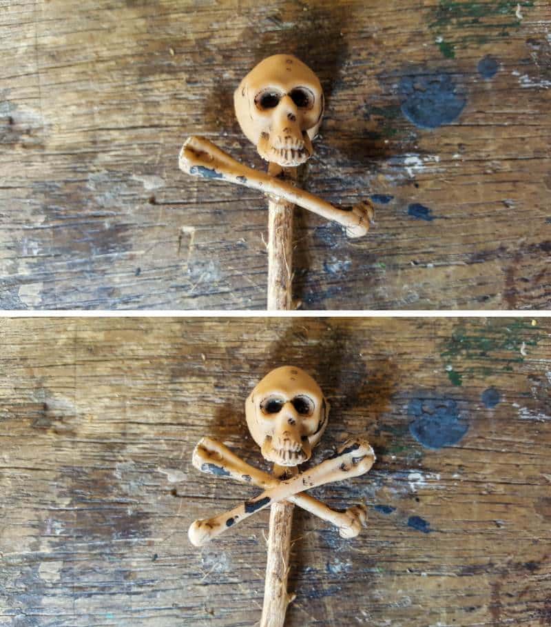 Glue the legs bones on the side of the stick to form a cross