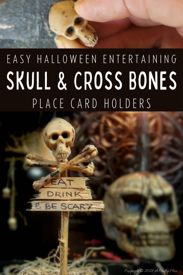 Add a not-so-creepy touch to your All Hallows' Eve Gathering with these easy-to-make skull and crossbones place card holders. They only take a few minutes to put together and will make both your wallet and your dinner guests smile. #ACraftyMix #HalloweenDecor