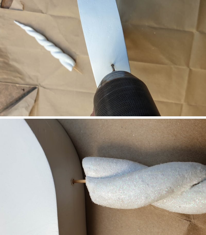 Drill a small hole on the unicorn's forehead and insert the horn