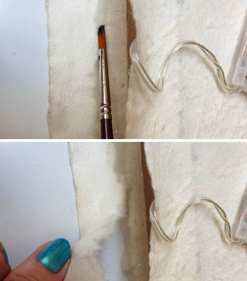 Use a paint brush to wet the edges of the paper and rip to create a tattered effect