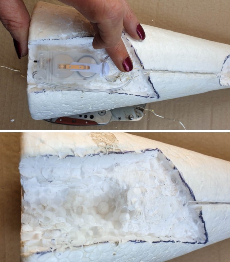 Cut away some of the polystyrene to create a hollow for the lights. Test fit the battery pack in the hollow