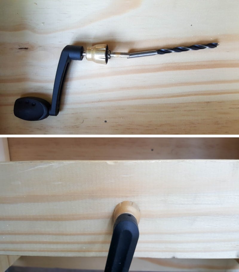 Drill a hole in the side of the box and screw the crank in