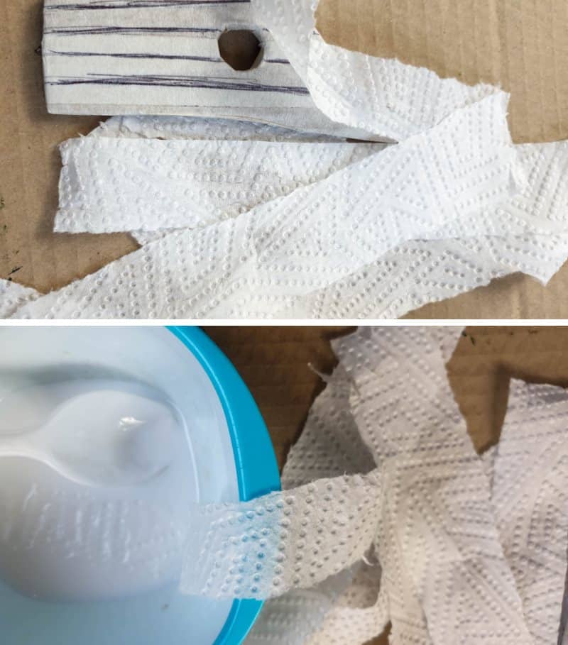 Tear the kitchen toweling or toilet paper into strips and dunk them in the watery mod podge mixture