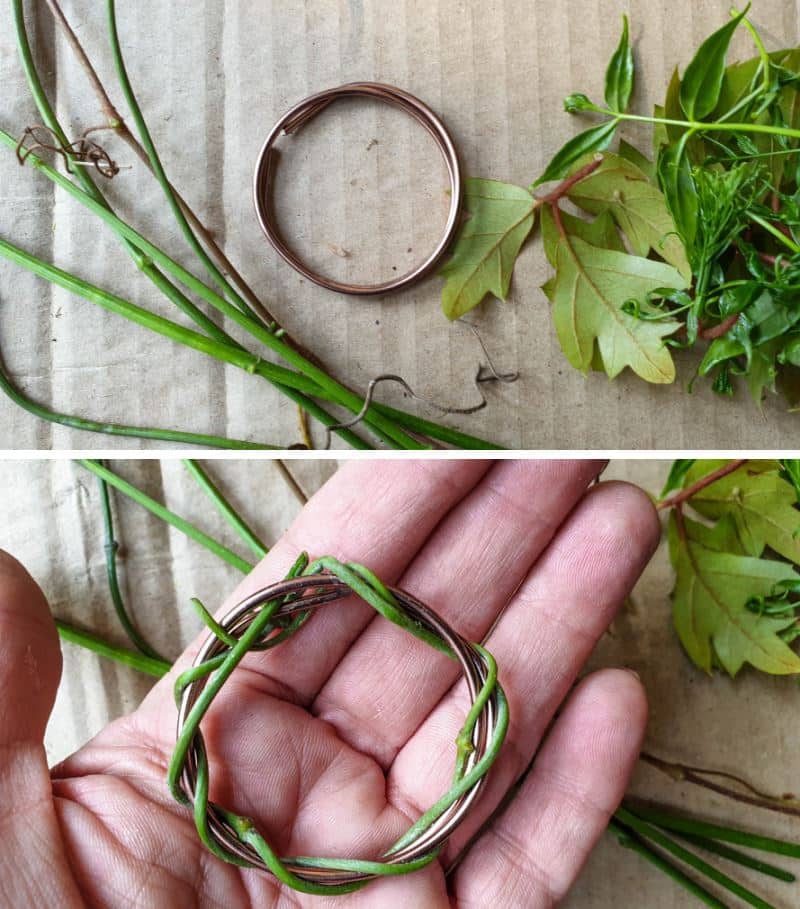 Twist the soft vines around the wire ring
