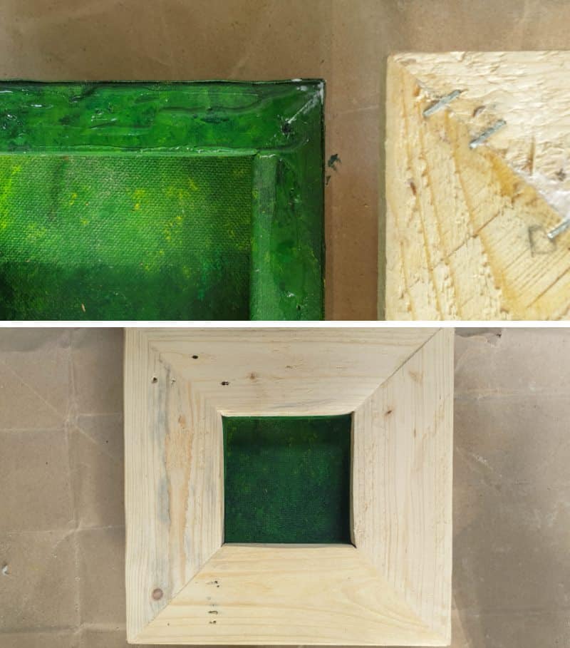 Make a frame out of old pallets and glue it onto the reverse canvas