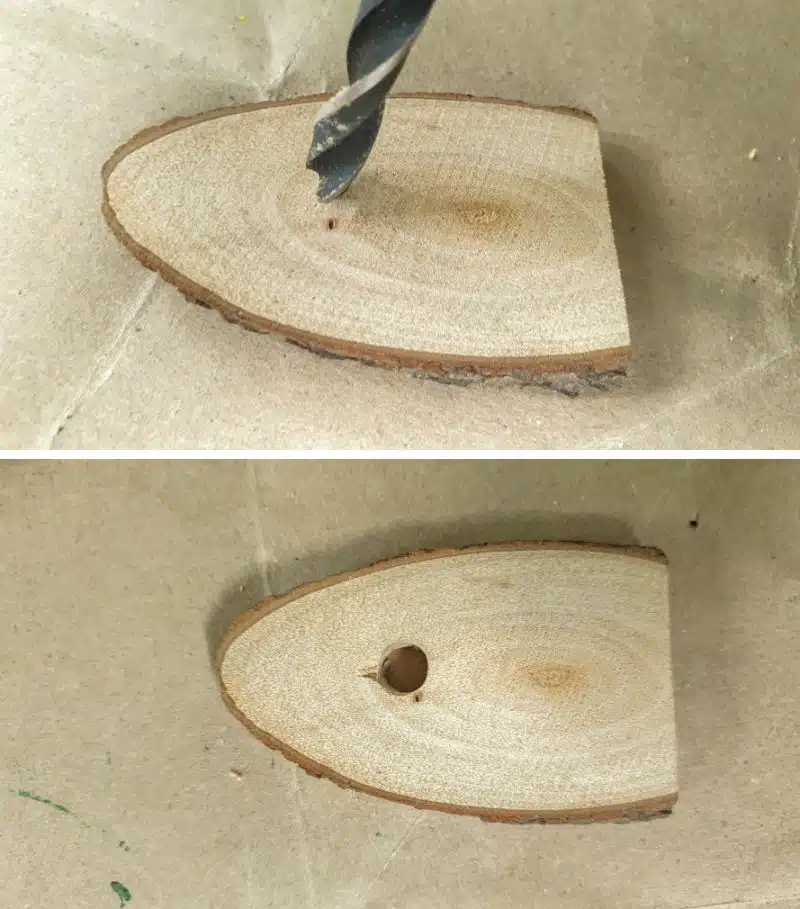Drill a small hole in the slice of wood to make a window