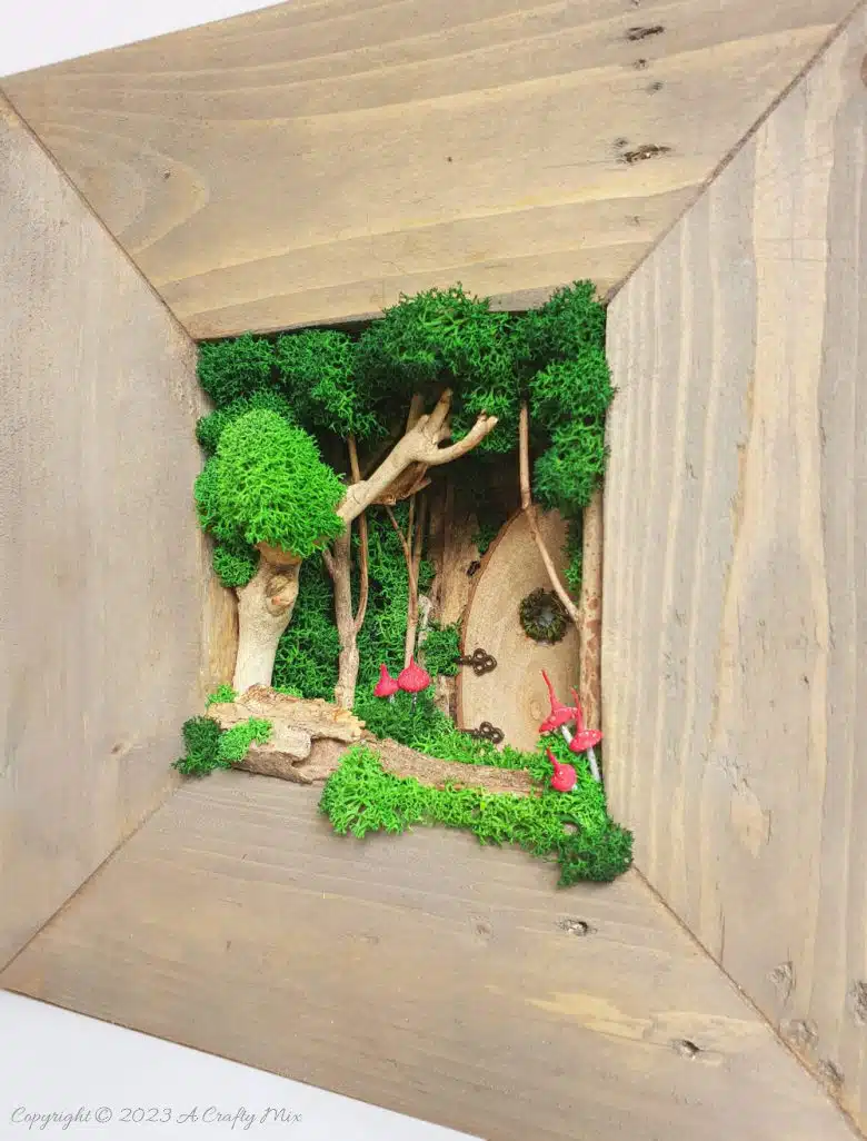 Create a small magical fairy forest inside a reverse canvas. It’s filled with wonder and doesn’t take long to put together. The perfect addition to your home decor, this one-of-a-kind artwork makes an enchanting statement. Full tutorial @ #ACraftyMix