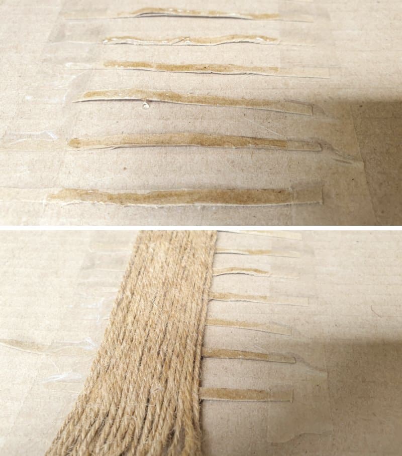 Glue the cut twine onto strips of cardboard