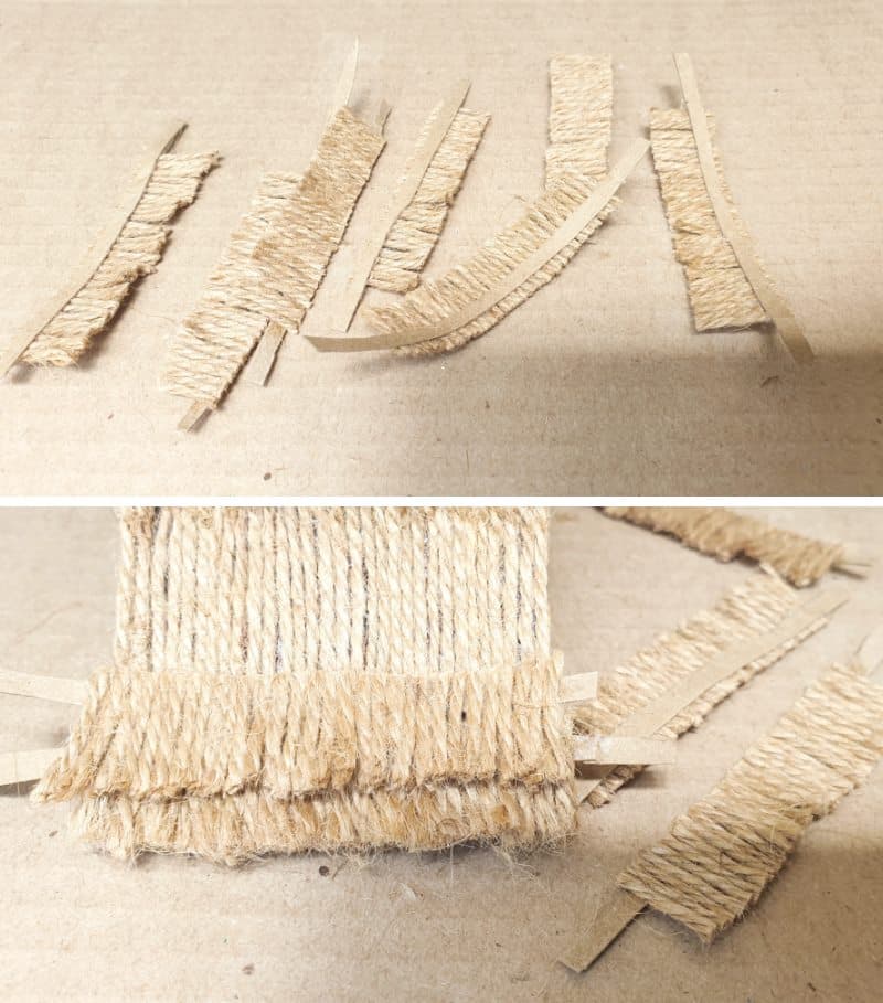 Glue the cut twine onto strips of cardboard