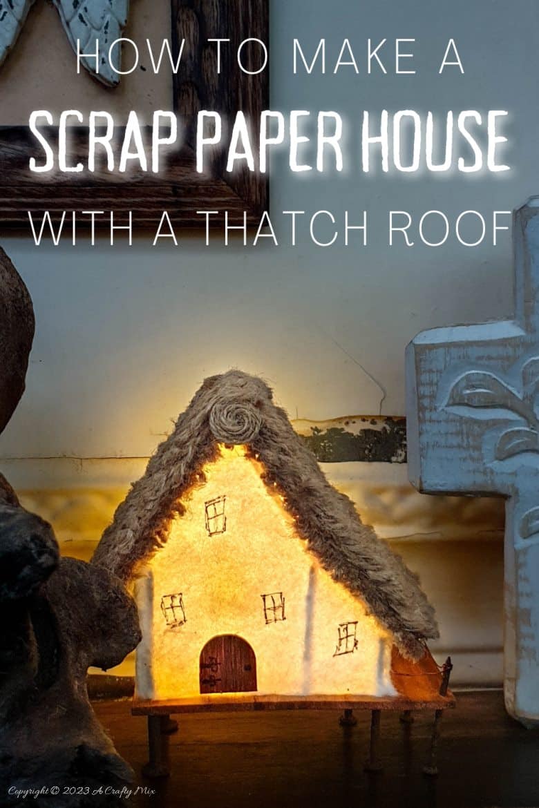 This paper house with a miniature thatch roof is made entirely from scraps and recycled materials, giving it a creative, whimsical feel. The lights add a little magic, and we all need more of that in our lives. In this step-by-step tutorial, we&rsquo;ll show you how you can make your own and share an easy way to thatch a small roof. #ACraftyMix