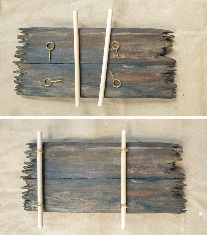 Thread the skewer axles through the eye hooks