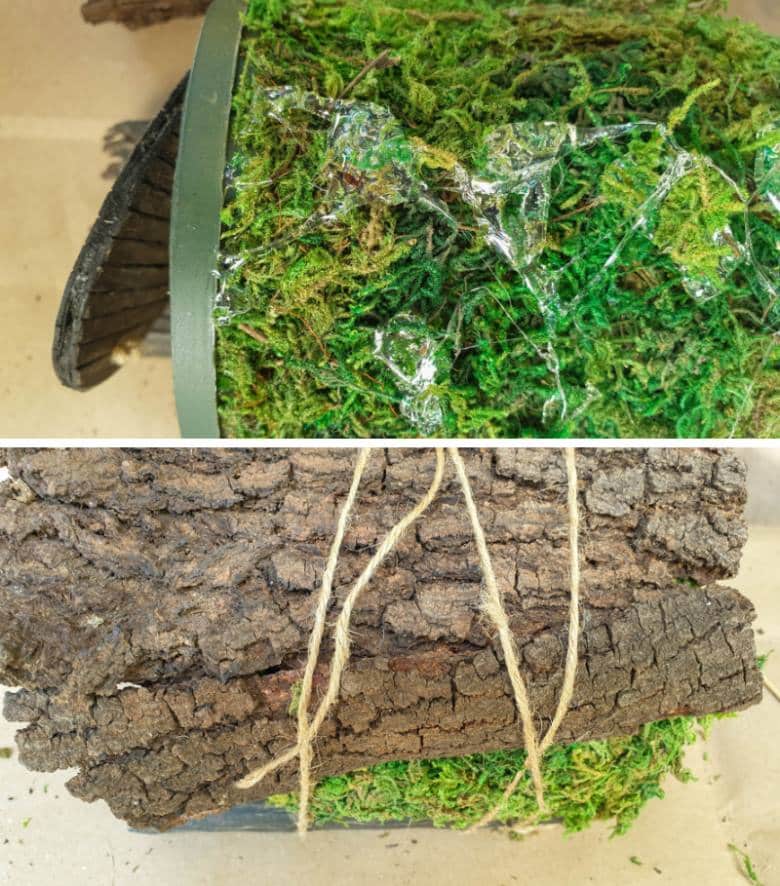 Use a piece of twine to hold the bark roof in place while the glue dries