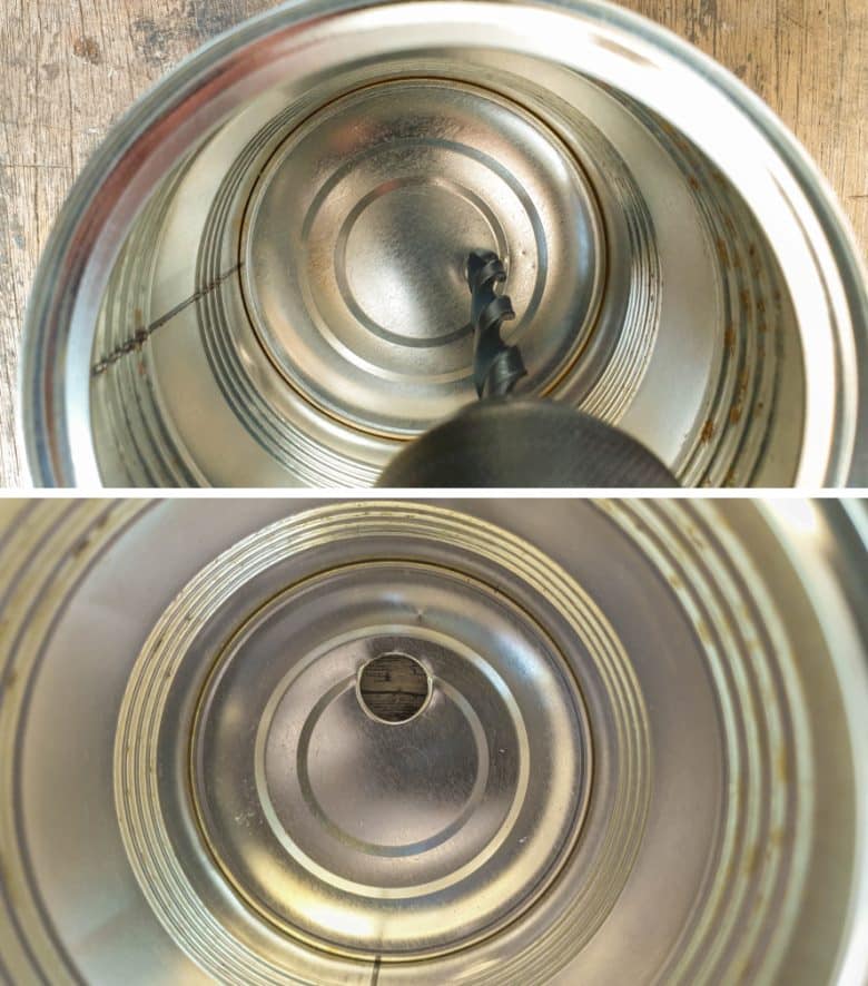 Drill a large hole in the back or bottom of the tin can
