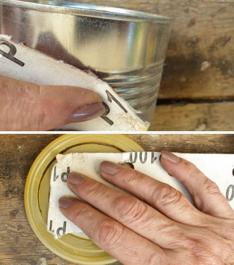 Sand the metal tin can and plastic lid with 80-grit sandpaper