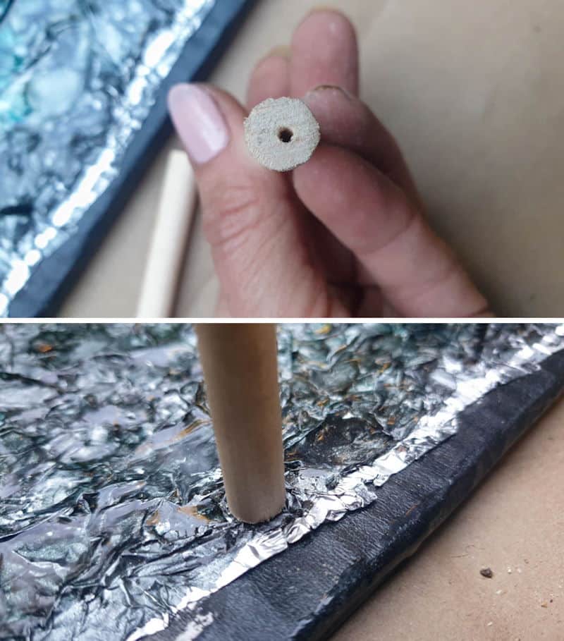 Drill a pilot hole in the dowel stick